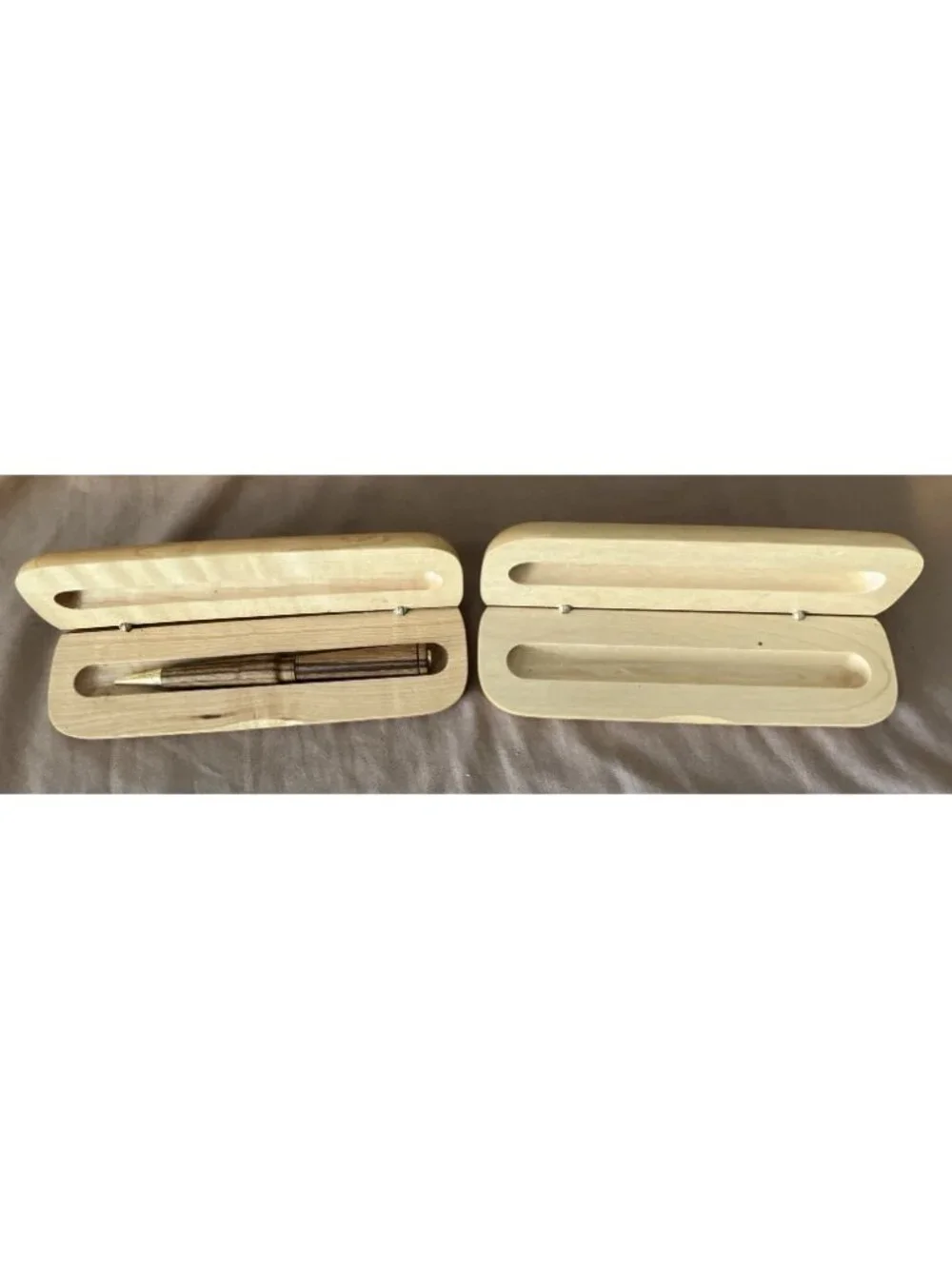 Set Of 2 Pen Holders Wood Crafted Hinged Case Religious Themed With 1 Wooden Pen